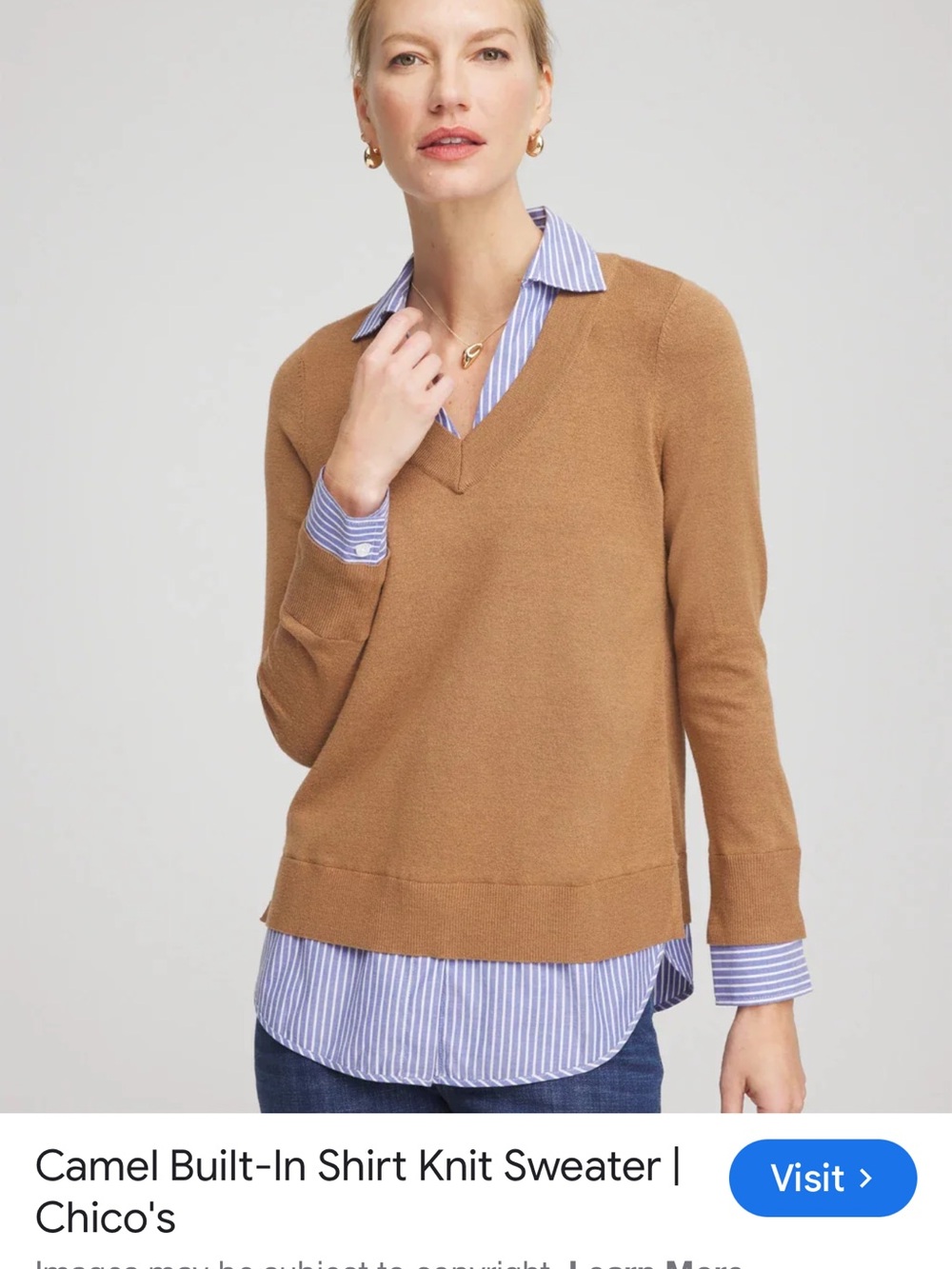 Chicos Striped Button-Up with Camel Ribbed Trim